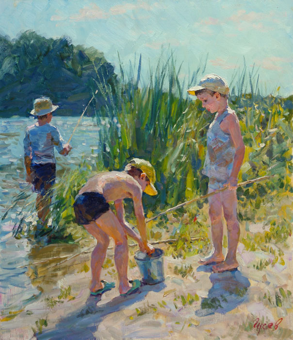 Sunny day, Vladimir Gusev- painting,summer, river, boys, fishing, impressionism
