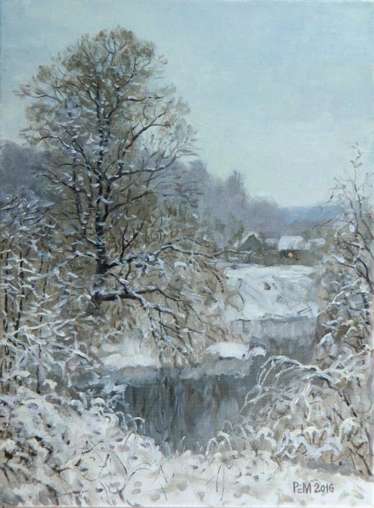 Припорошило, Рем Сайфульмулюков- картина, зима, снег на деревьях, река, деревня, пейзаж