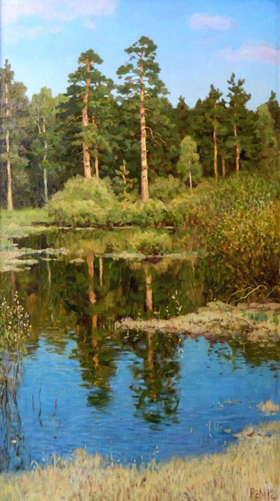 Village of Mihali. April, Rem Saifulmulukov- painting, spring, forest, river, spruce, realism, landscape