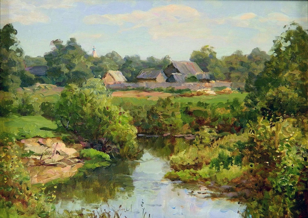 The village Parahino, Rem Saifulmulukov- painting, summer day, sun, village, river, landscape,realism