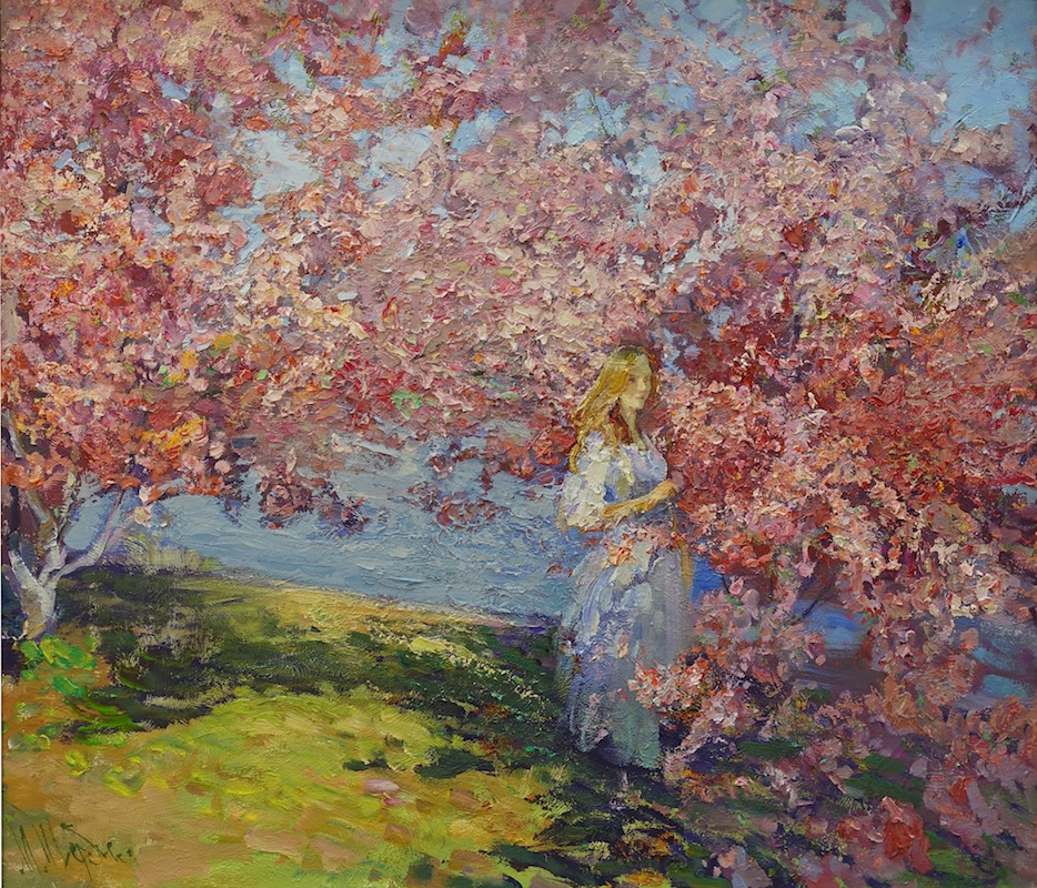 Весна, Мария Щербинина- картина, весна, деревья в цвету, девушка в саду, пейзаж