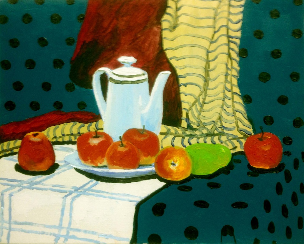 Натюрморт с фруктами, Сергей Постников- картина, фрукты, яблоки и груши на столе, чайник, скатерть