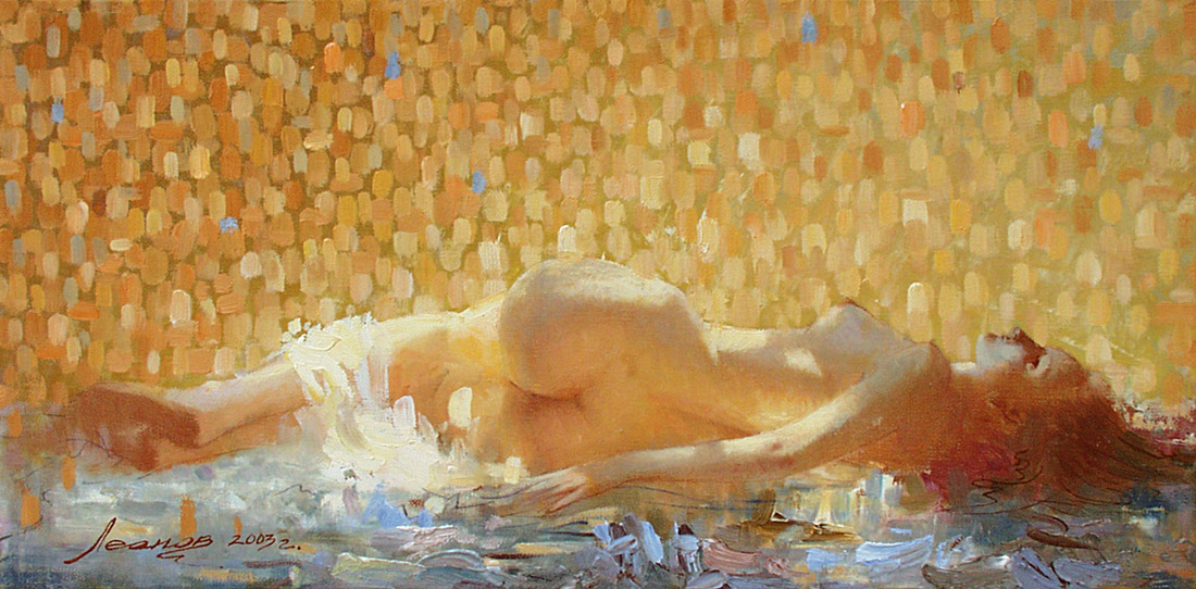 Gold rain (Lida), Oleg Leonov- painting, naked girl, beautiful female body, nude