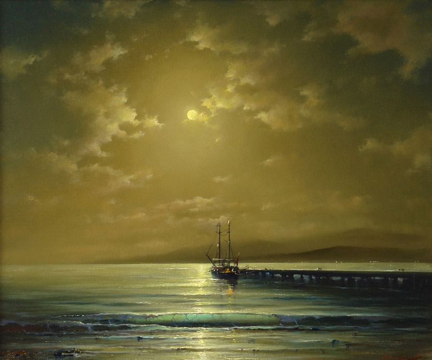 Лунная ночь на Эгейском море, Георгий Дмитриев- картина, морской пейзаж, море, берег, лодки, рыбаки, ночь