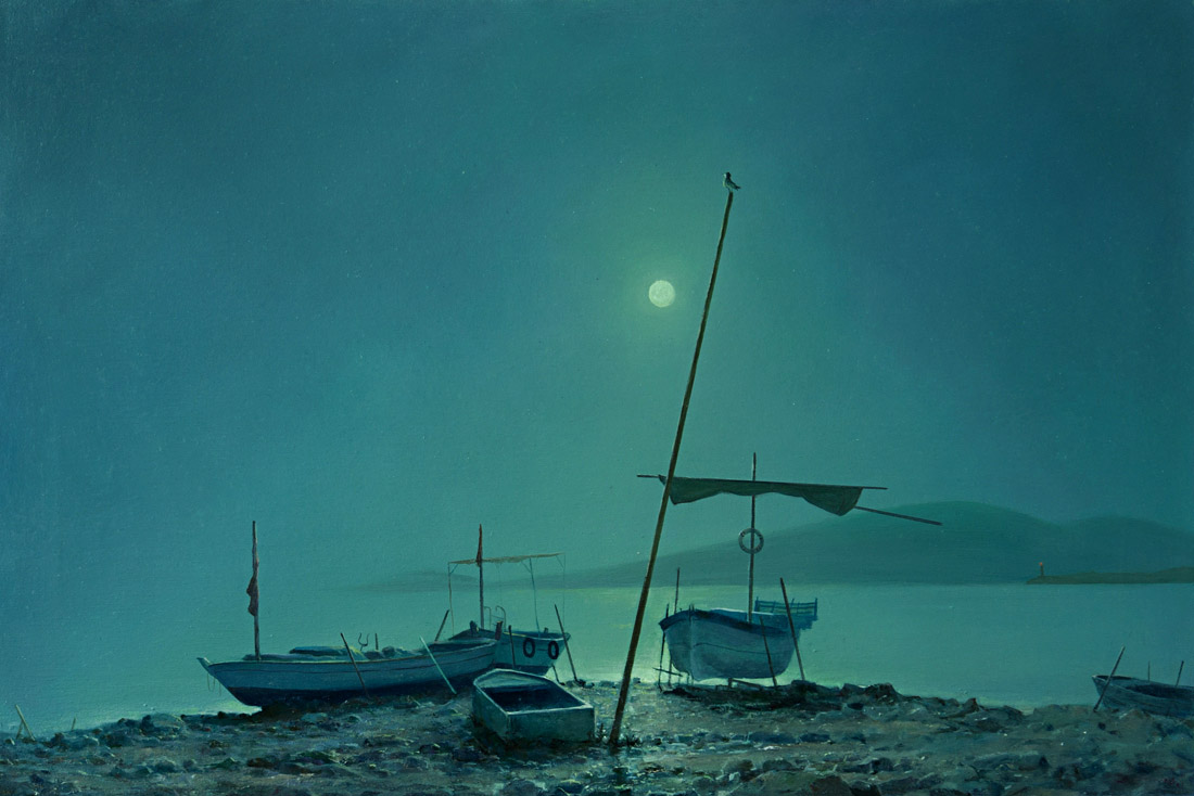 Boats be asleep, George Dmitriev- painting, moonlight, mountain, beach, boat fishermen