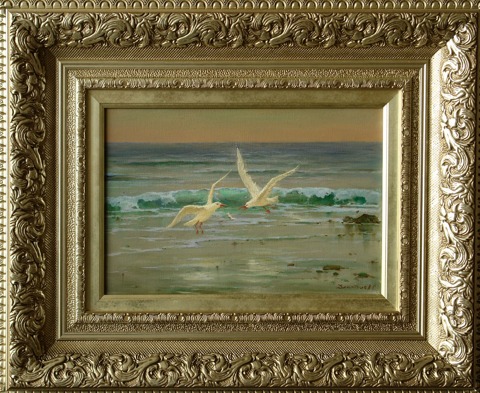 Seagulls (framed), George Dmitriev- painting, seascape, seagulls on the beach, surf