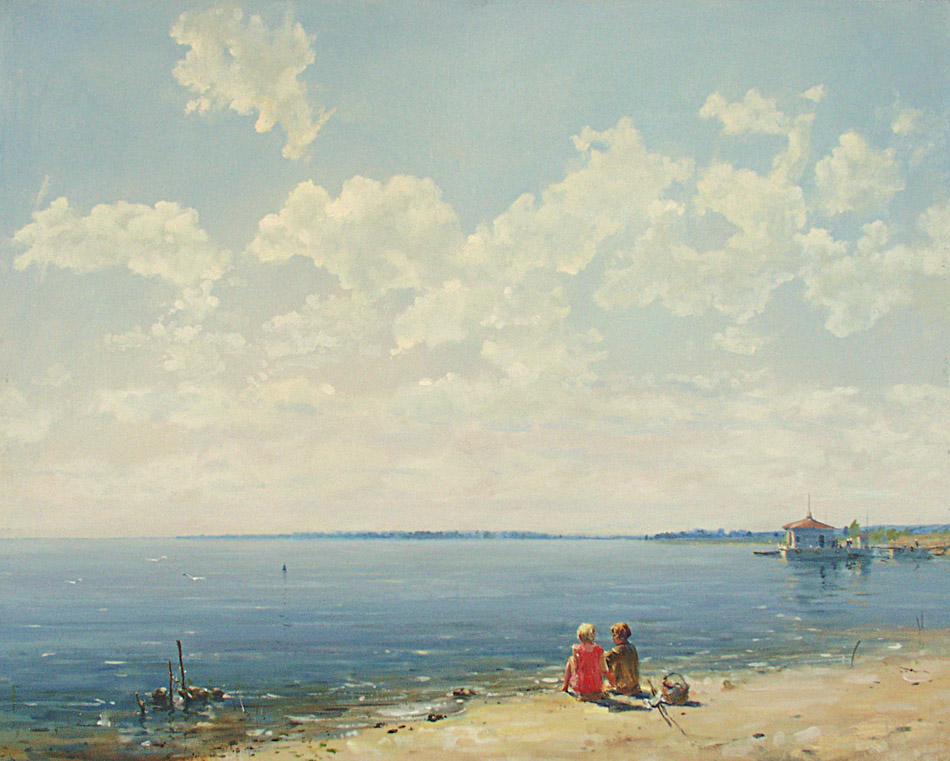 Girls from village "Yurino", Oleg Leonov- painting, children on the bank of the river, summer day