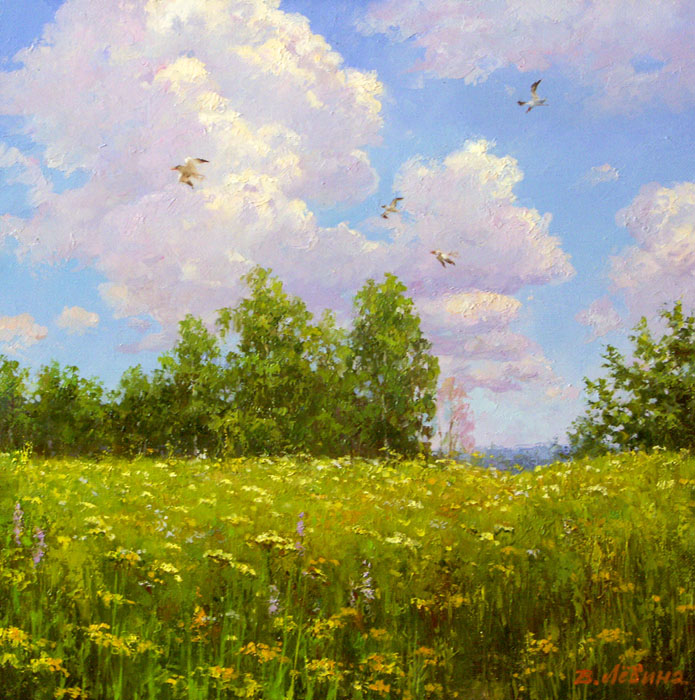 Небесная симфония, Виктория Лёвина- голубое небо, облака, птицы, цветщий луг, картина пейзаж