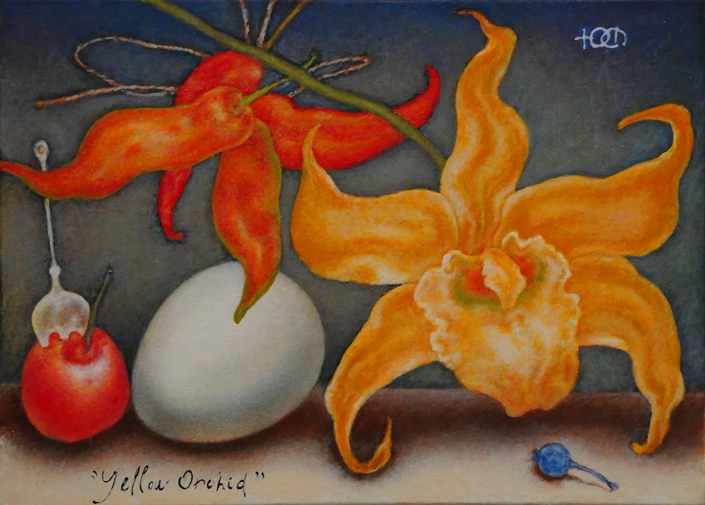Yellow orchid, Julia Fedorova- painting, yellow flower, red hot peppers, egg, still life