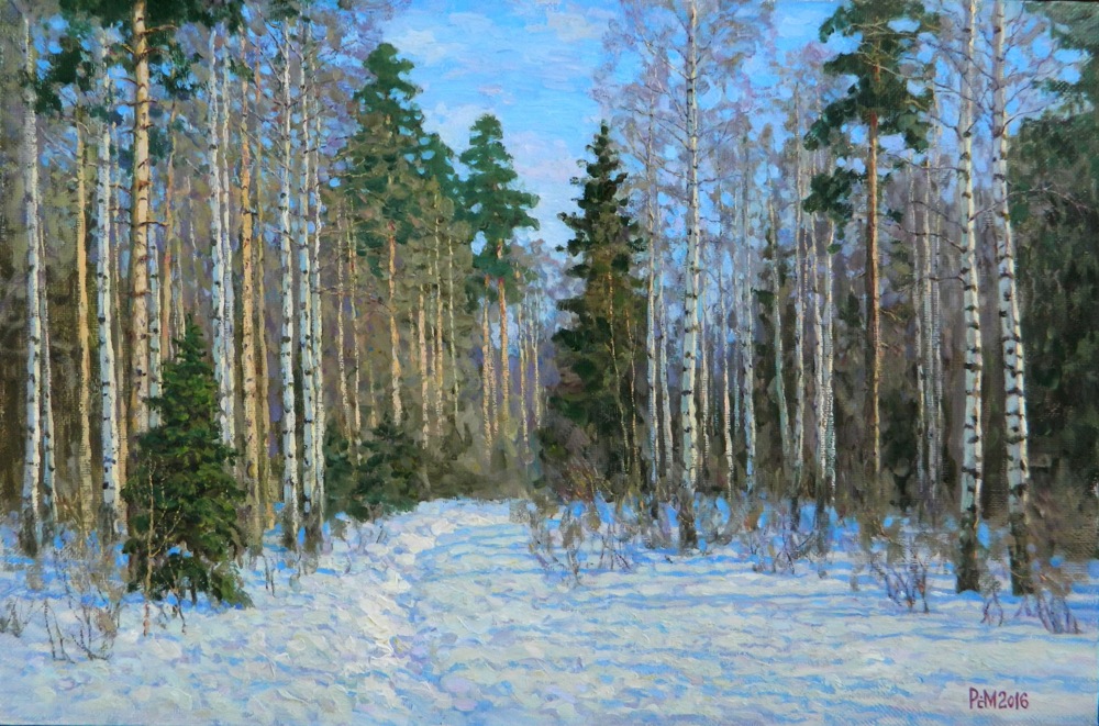 Snow in March, Rem Saifulmulukov- painting, winter forest, snow, birches, landscape, realism