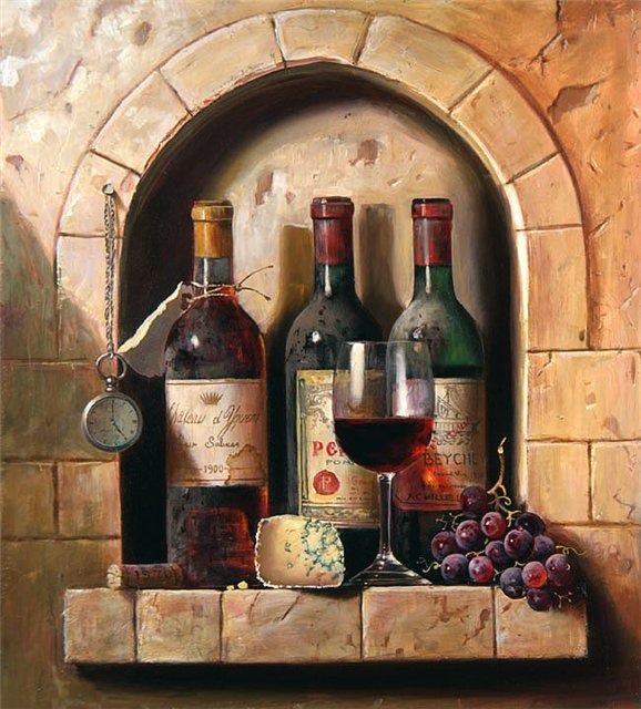 Still life with bottles in a niche, Valery Silyanov- painting, men still life, bottles of wine, grapes, cheese