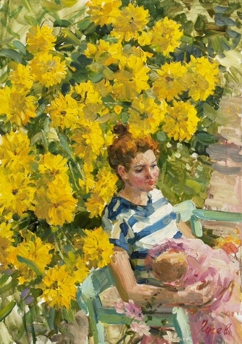Отдых, Владимир Гусев- картина, мать и ребенок, цветы, отдых в саду, импрессионизм