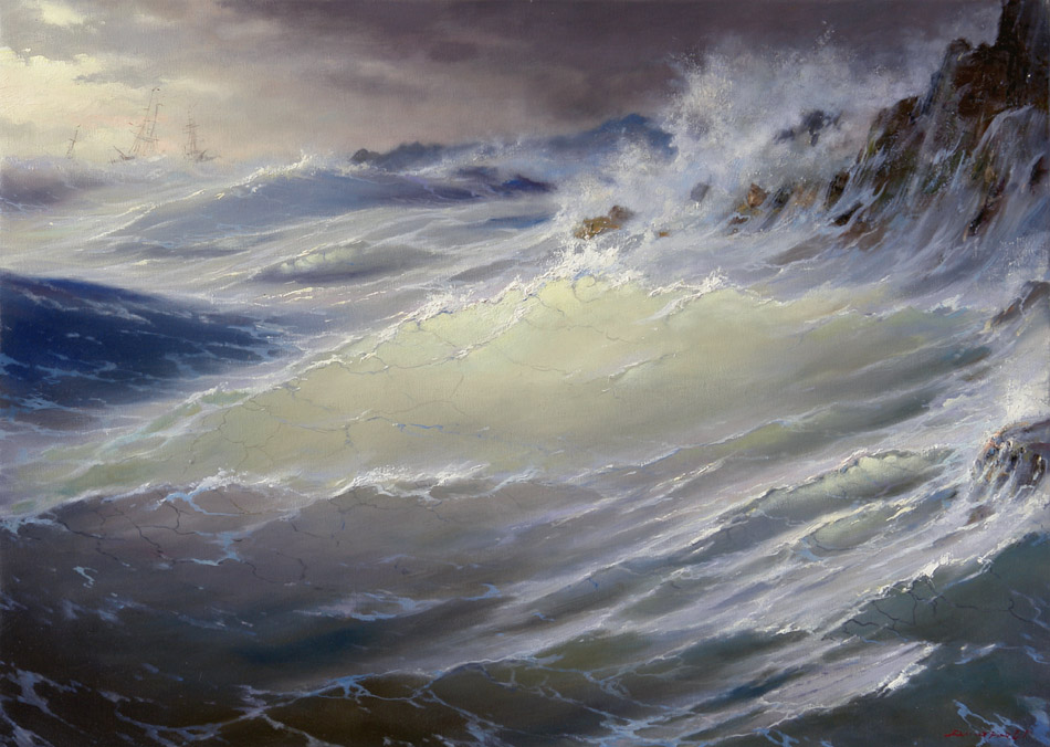 At the rocks, George Dmitriev- painting, storm at sea, big wave, rocks, boats, thunderstorm