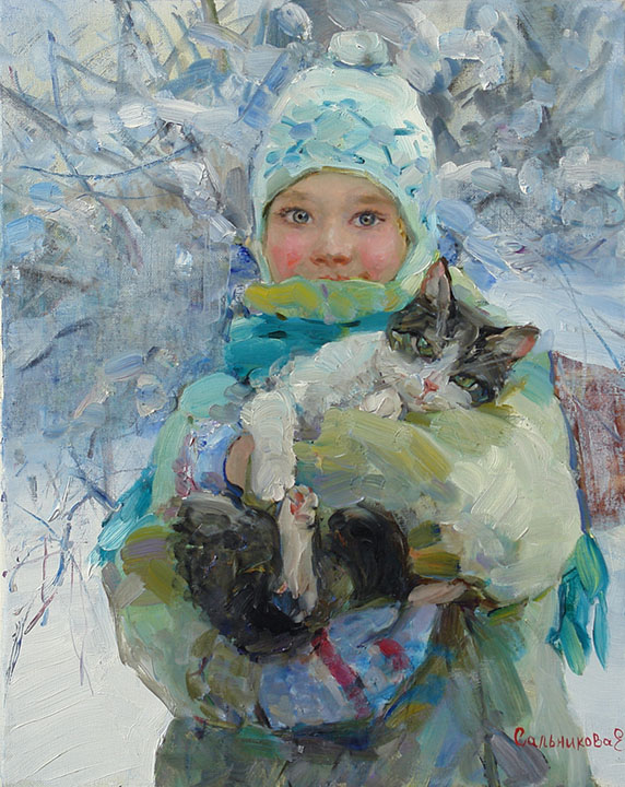 We walked with the cat, Elena Salnikova- portrait of child with gray kitten, impressionism, winter