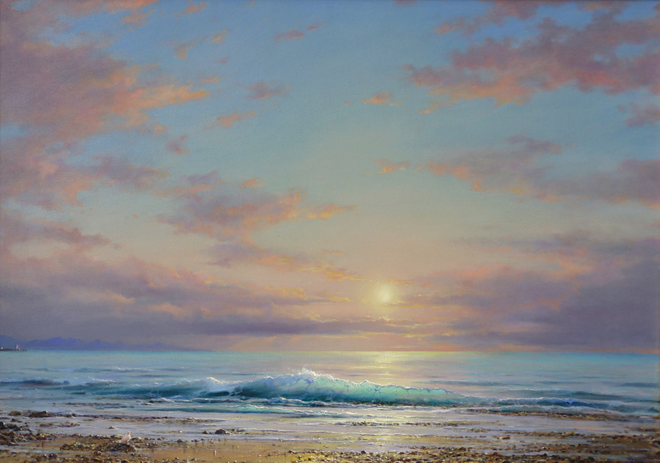 Seagull and Sun, George Dmitriev- painting, sea, sandy shore, seagulls, sunrise over the sea