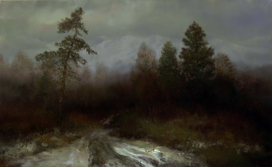 Backwater district, Konstantin Drugin- painting, Russian open spaces, woods, evening landscape