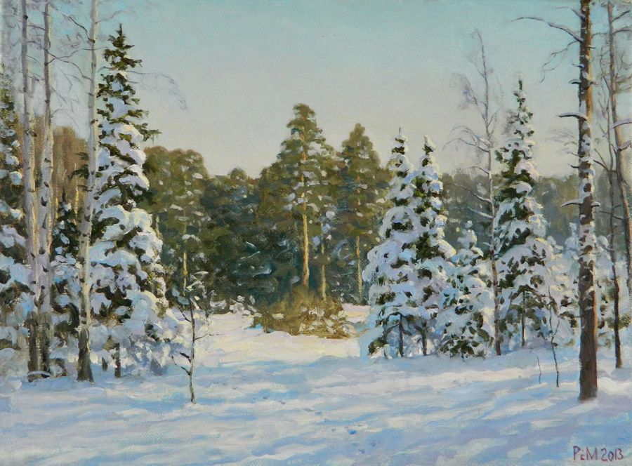 Winer motive, Rem Saifulmulukov- painting, winter, forest, spruce, snow, realism, landscape