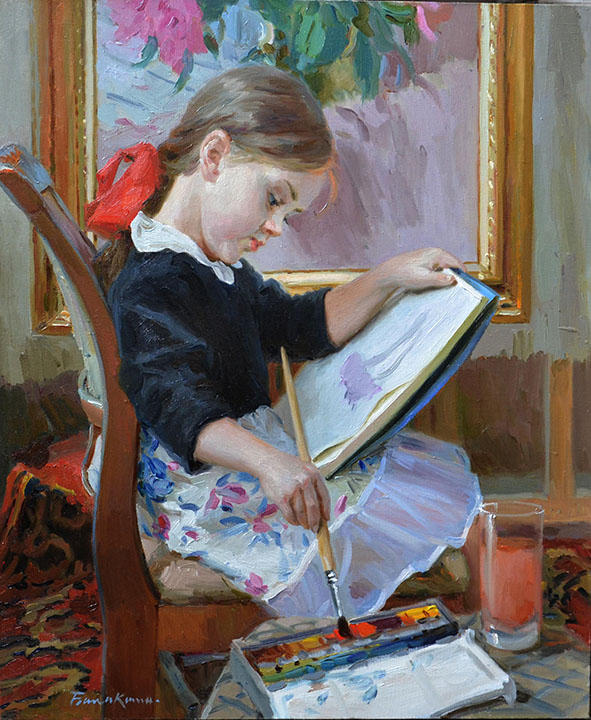 Маленькая художница, Евгений Балакшин- рисующая девочка, кисть, краски, картина, реализм