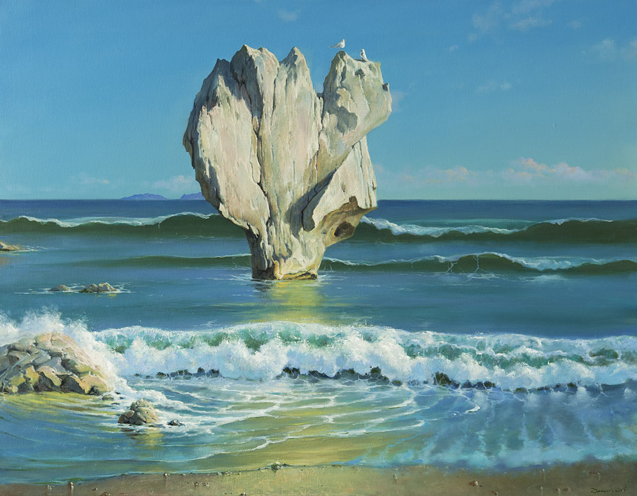 Rock. At coast, George Dmitriev- painting, seascape, seashore, rocks, waves, seagulls