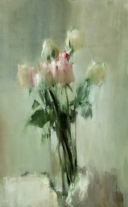 Белые розы, Витольд Смукрович- картина, букет цветов в вазе, прекрасные белые розы