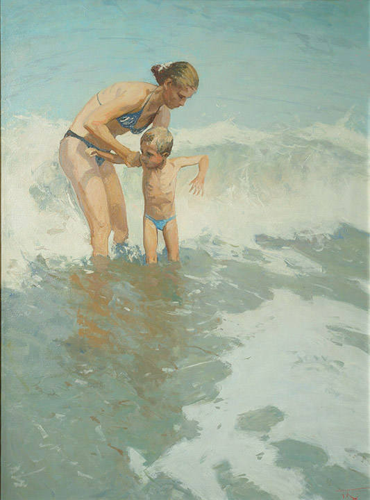 The ninth shaft, Peter Bezrukov- bathing a child, pfinting, impressionism, mother with child