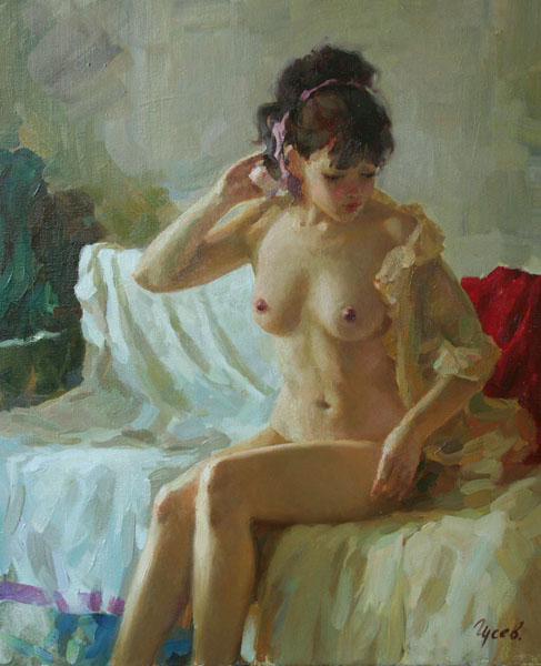 Astonishment, Vladimir Gusev- painting, morning, nude, girl, impressionism