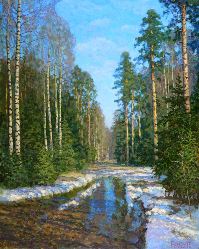 Снег в апреле, Рем Сайфульмулюков- картина, весенний лес, последний снег, березки, пейзаж