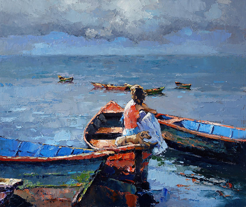 The wind from the sea (to order), Alexi Zaitsev- seashore, boats, girl with dog, painting, sea