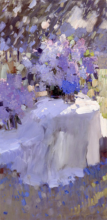 The end of May, Bato Dugarzhapov- painting with the bouquet of lilacs, impressionism, flowers