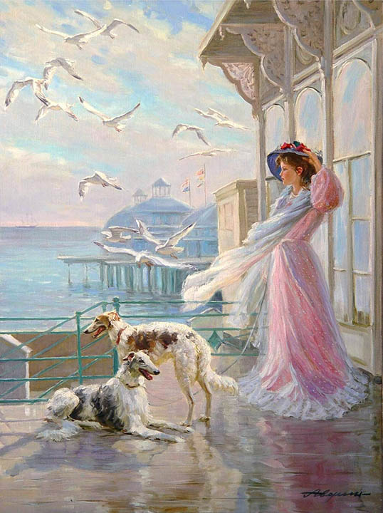 After a rain, Alexandr Averin- terrace, girl, sea breeze, painting, two dogs