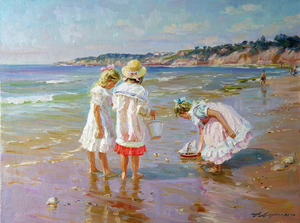 Девочки у моря, Александр Аверин- картина, девочки, лето, кораблик, берег моря, импрессионизм
