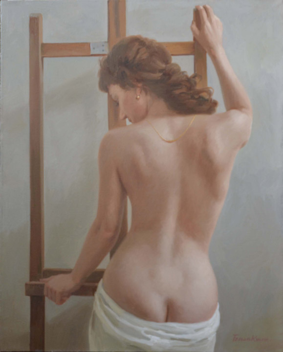 Nude near the easel, Evgeny Balakshin- painting, art studio, easel, nu, model, realism