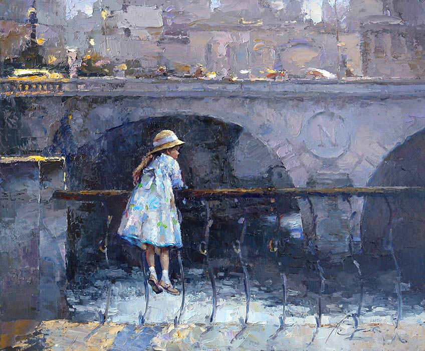 Парижанка (на заказ), Алексей Зайцев- девочка, Париж, городская сцена, река Сена, мост, картина