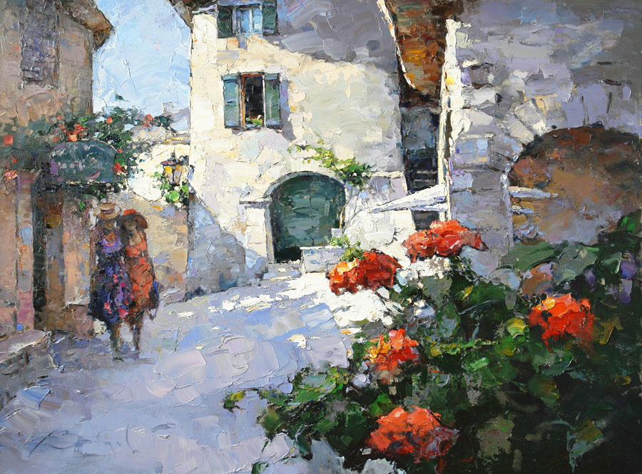 Деревенская улочка в Провансе, Алексей Зайцев- европейский городской пейзаж, картина, девушки, балкон цветы