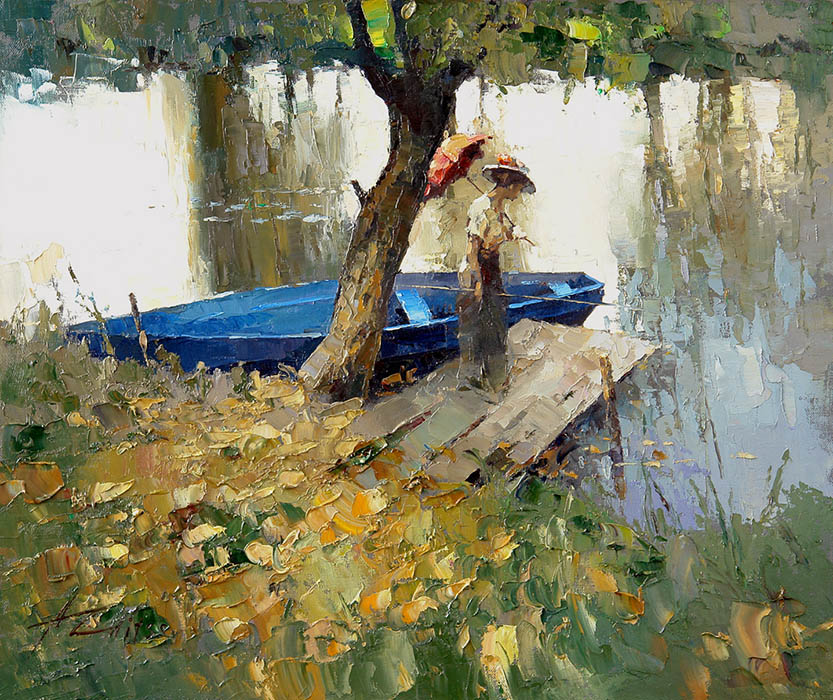 Синяя лодка, Алексей Зайцев- романтический пейзаж с одинокой фигурой, девушка под деревом