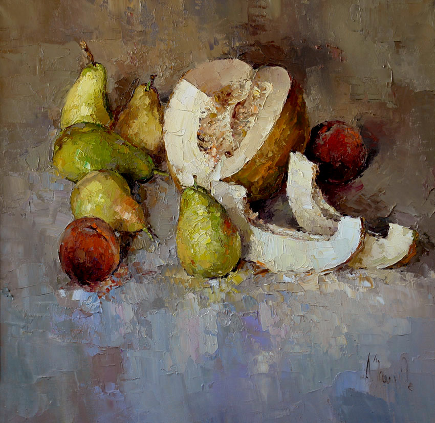 Still life with melon and pears, Alexi Zaitsev
