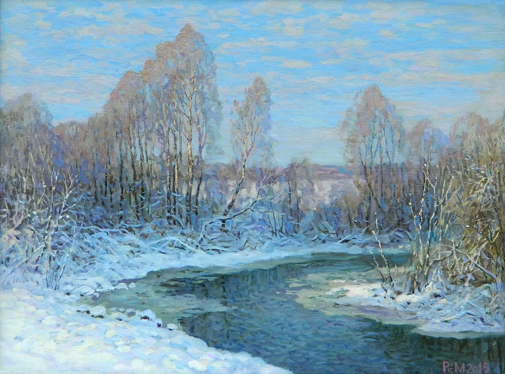 Awakening, Rem Saifulmulukov- painting, early spring, birch, river, snow, blue sky,realism