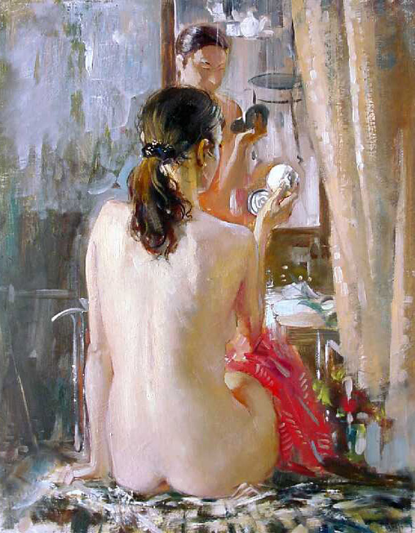 Before the mirror, Oleg Leonov- painting, beautiful female body, naked girl, mirror