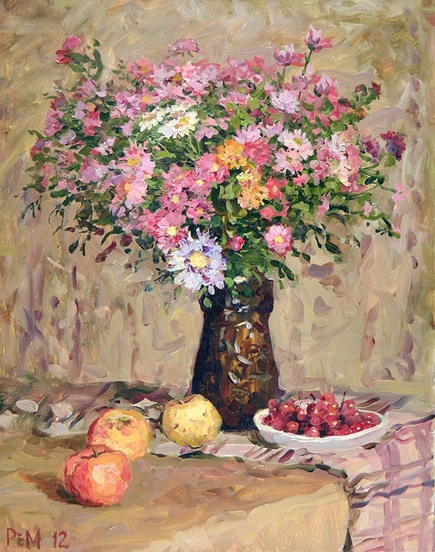 Цветы и фрукты, Рем Сайфульмулюков- картина, лето, букет полевых цветов, яблоки, натюрморт