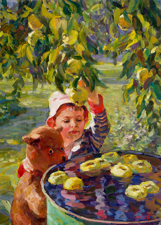 В саду, Владимир Гусев- картина, осень, сад, яблоки, ребенок, плюшевый медведь