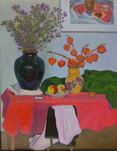 Still life with red tablecloth