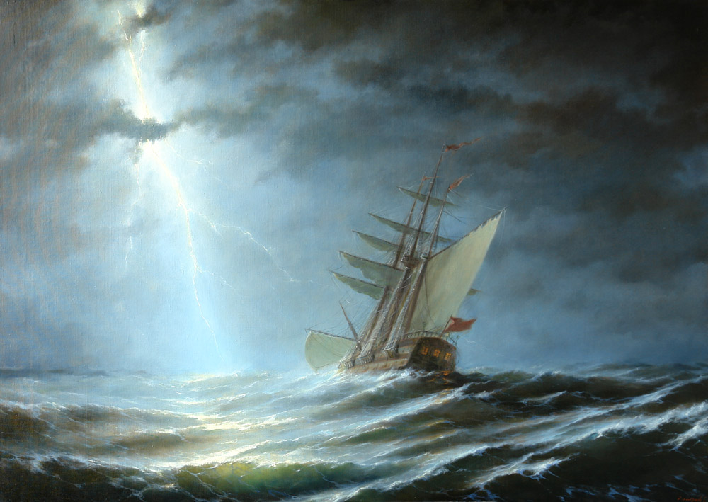Lightning, George Dmitriev- painting, sea, sailing, storm, stormy sky, wave, wind