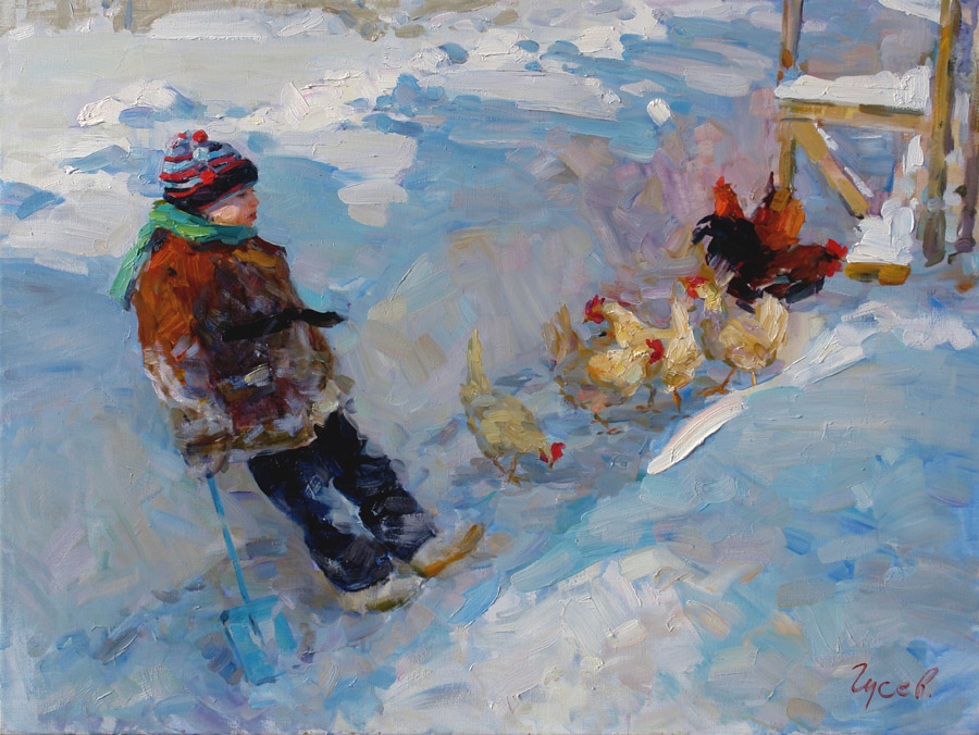 Frosty day, Vladimir Gusev- painting, winter, snow, boy on a walk, chickens