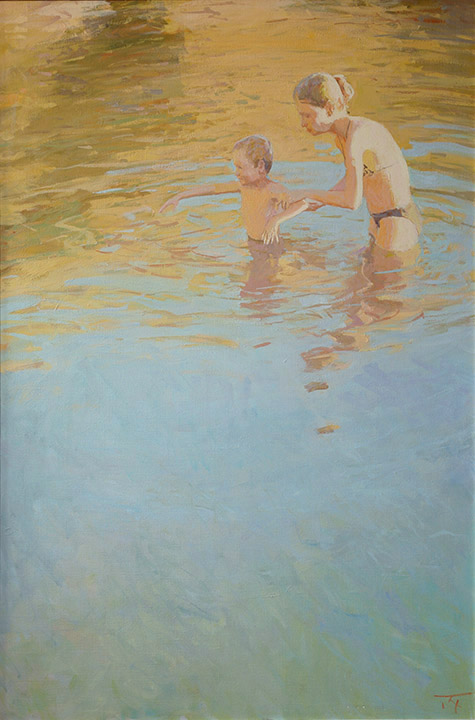 To the depth, Peter Bezrukov- bathing a child, swim for the first time, painting
