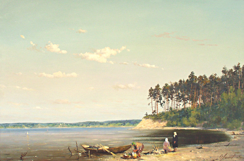 The mouth of river "Vetluga", Oleg Leonov- painting, river, boat, pine forest, summer day, landscape