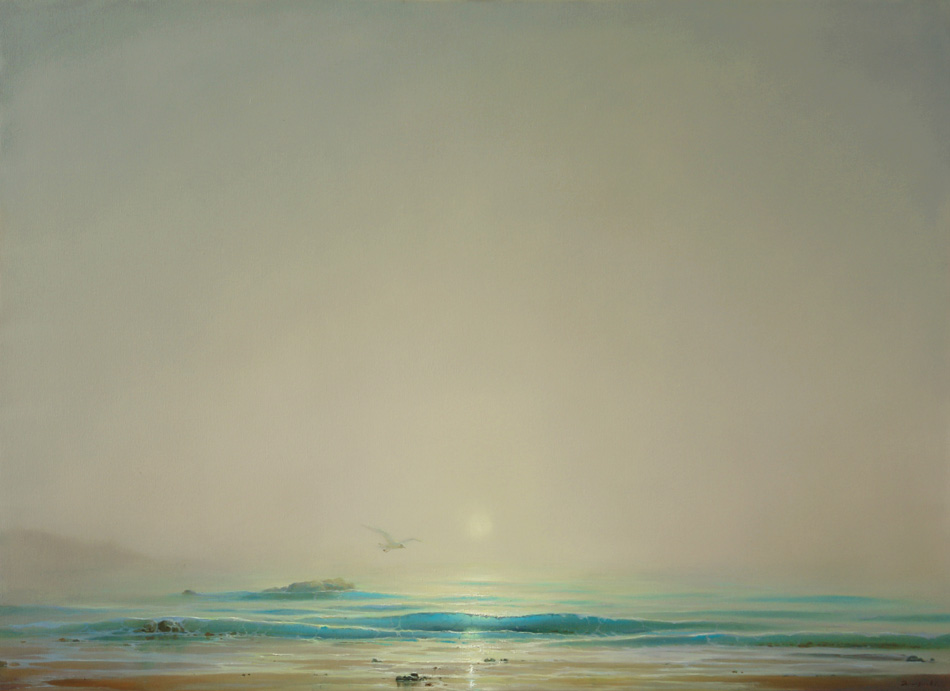 Утро на море. Туман, Георгий Дмитриев- картина, морской пейзаж, чайка над морем, рассвет, реализм