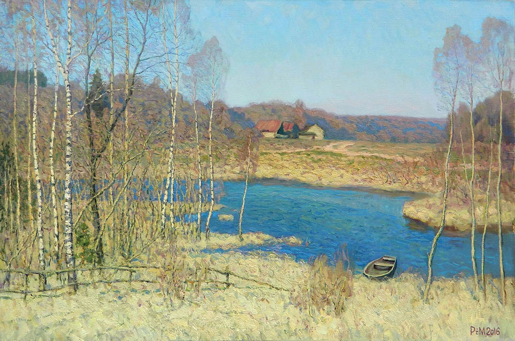 Апрельское утро, Рем Сайфульмулюков- картина, весенний день, молодые березки, река, лодка, пейзаж