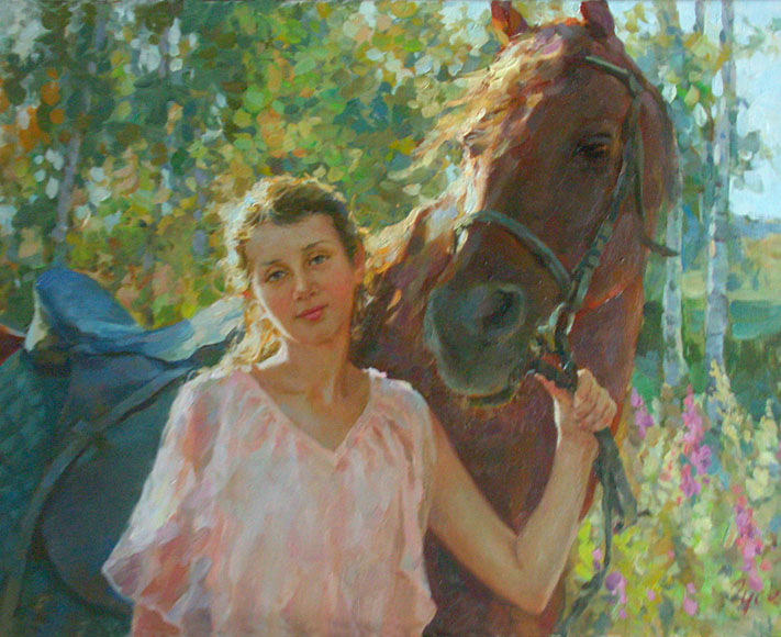 Перед прогулкой, Владимир Гусев- картина, девушка с лошадью, лес, летний день, импрессионизм