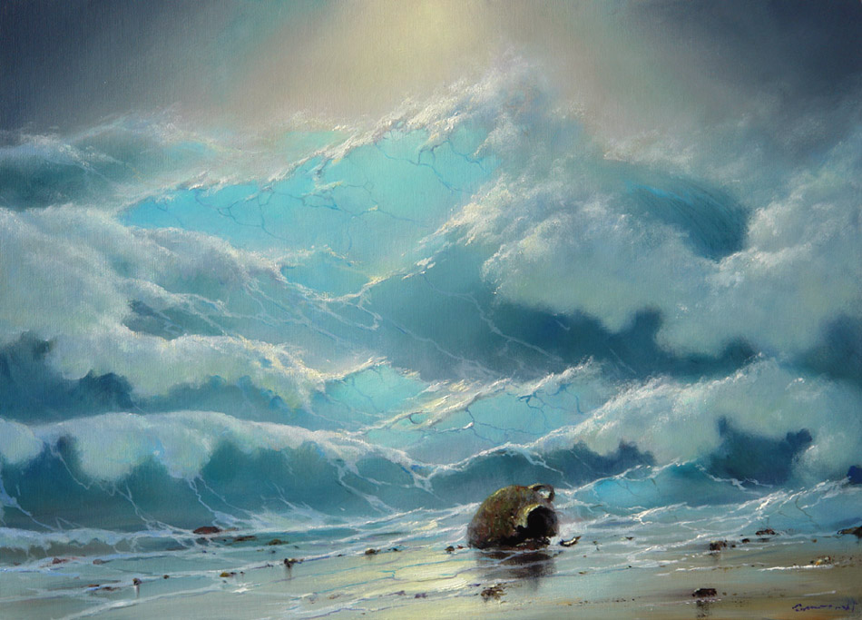 Подарок моря, Георгий Дмитриев- картина, волны, выброшенный на берег моря старинный кувшин