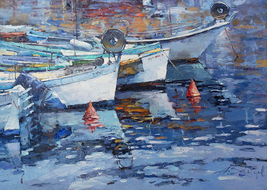 Лодки, Алексей Зайцев- живопись ипрессионизм, белые катеры на причале